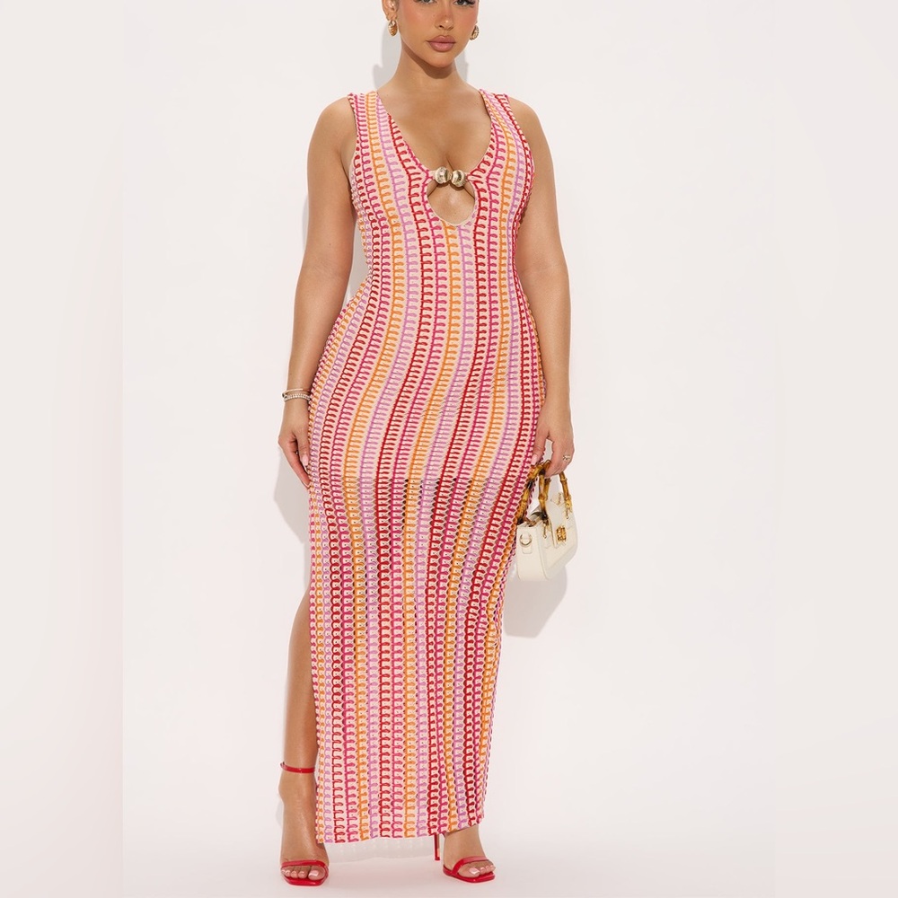 Fashion Nova Pink and Orange Crochet Maxi Dress Size XL NWT